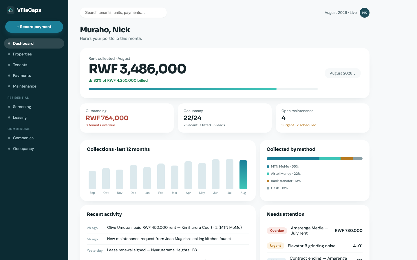 VillaCaps landlord dashboard