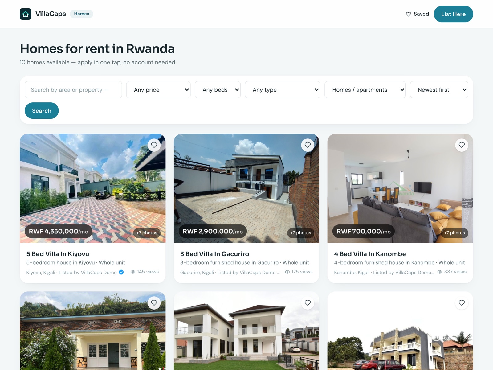 Homes for rent in Rwanda on VillaCaps — browse verified listings